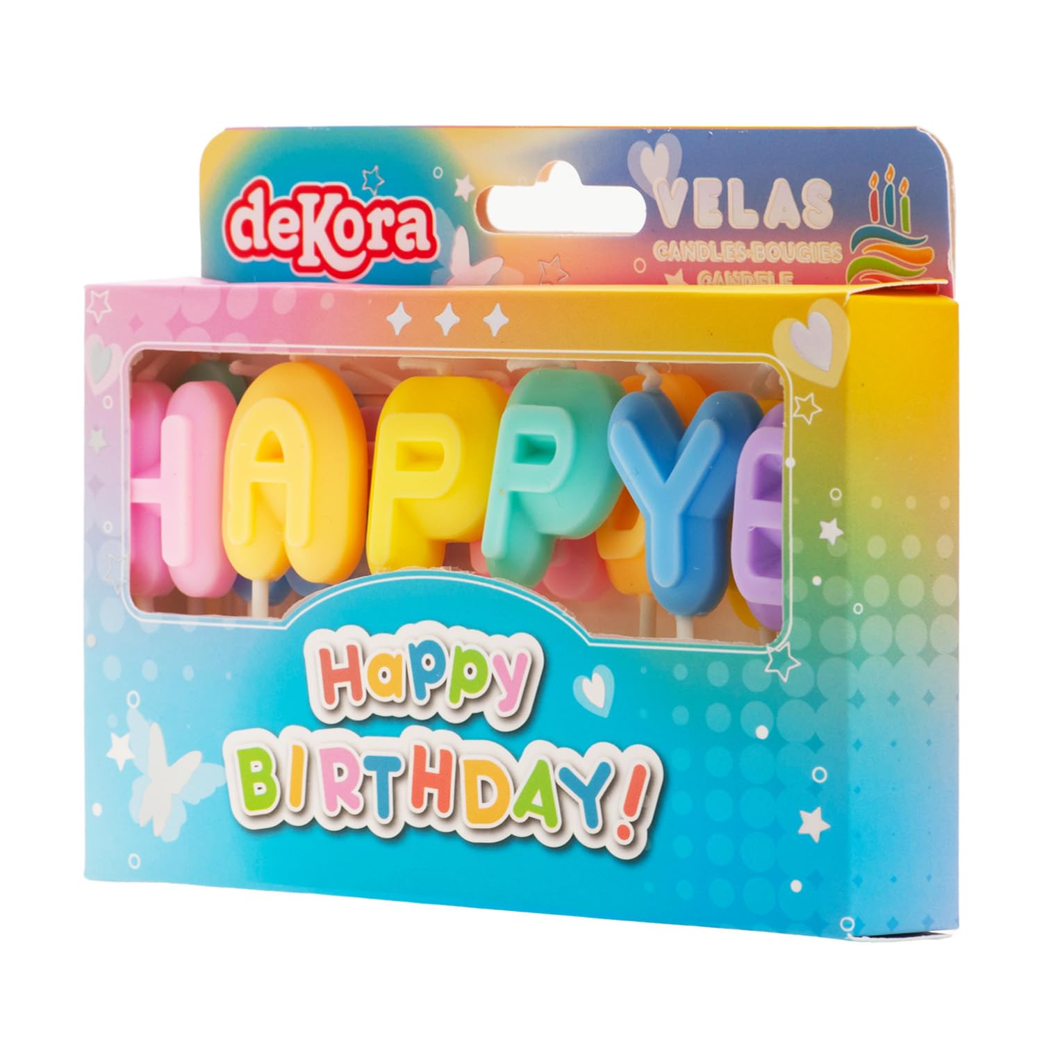 dekora - Świeczki Urodzinowe Happy Birthday 8 cm na Tort | Kolorowe litery Happy Birthday z uchwytami, Dekoracja tortu odpowiednia do kontaktu z żywnością