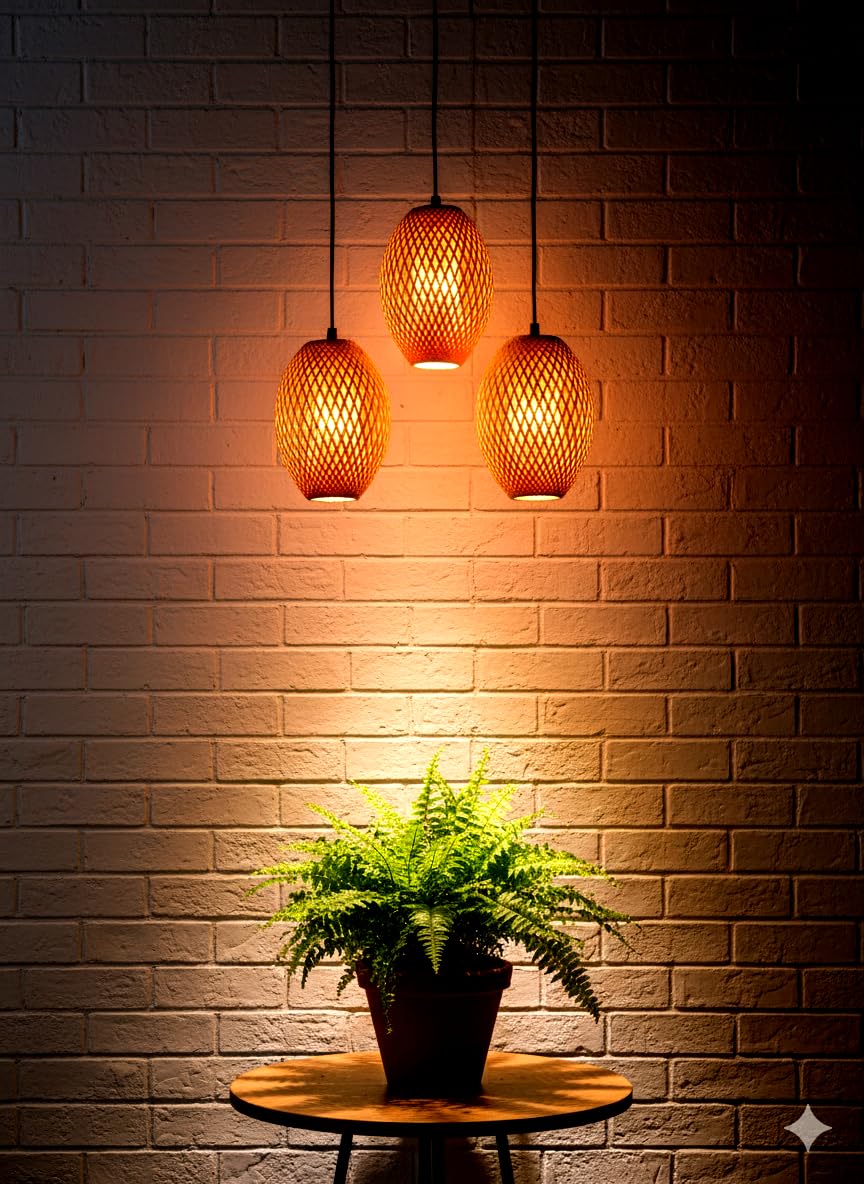 Bamboo Crafty Fi | Ceiling Jhumar Lights for Hall | Lampshade | Bamboo Lights | Cieling Hanging Lights | Bamboo Cieling |Termite-Proof with Bulb & Holder Included (Height 25CM & Diameter 17CM)