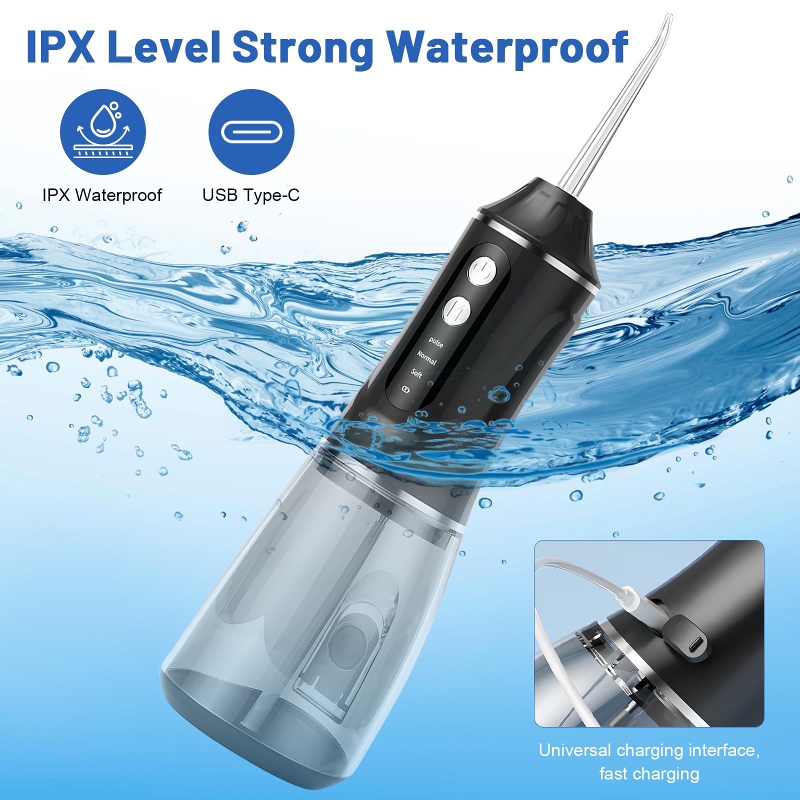 Idropulsore Dentale Oral,Irrigatore Orale,Idropulsore Dentale Portatile,Elettrico Oral Water,con 5 Modalità e 6 Beccucci,Serbatoio da 380ml,Impermeabile IPX7,per Uso Domestico e Viaggi(Nero)