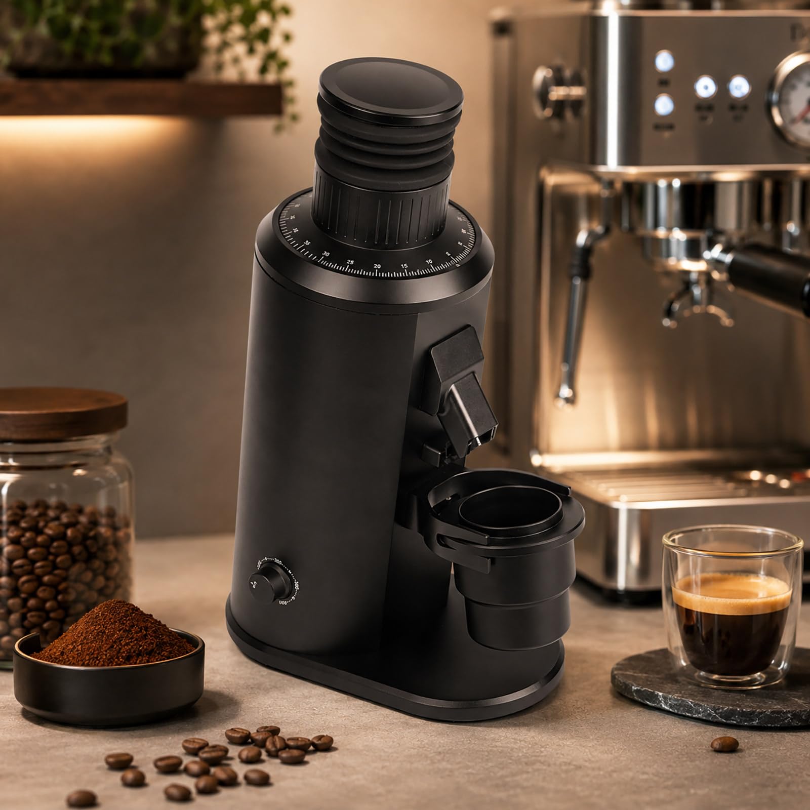 vnmudzeo 80mm Commercial Coffee Grinder - Espresso Flat Burr Mill with 70g Bellows Hopper, 0-100 Grind Dial, 58mm Portafilter Holder and Dosing Cup Black