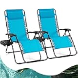 Zero Gravity Lounge Chairs, 160°Adjustable Folding Recliner w/Pillow and Cup Holder, 350LBS Comfy Outdoor Lounge Chairs for Patio, Lawn, Yard & Camp(Set of 2, Light Blue)