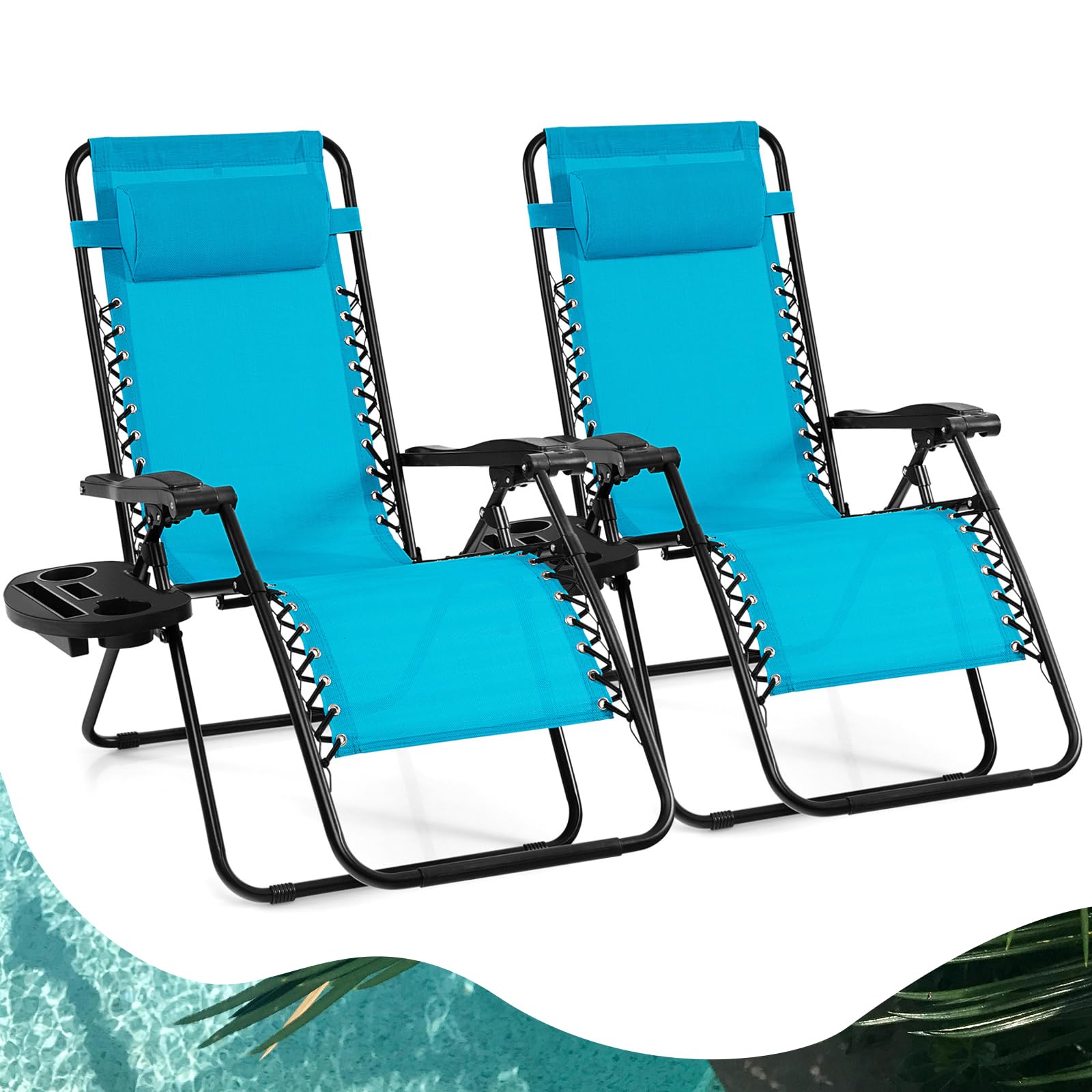 Goplus Zero Gravity Lounge Chairs, 160°Adjustable Folding Recliner w/Pillow and Cup Holder, 350LBS Comfy Outdoor Lounge Chairs for Patio, Lawn, Yard & Camp(Set of 2, Light Blue)