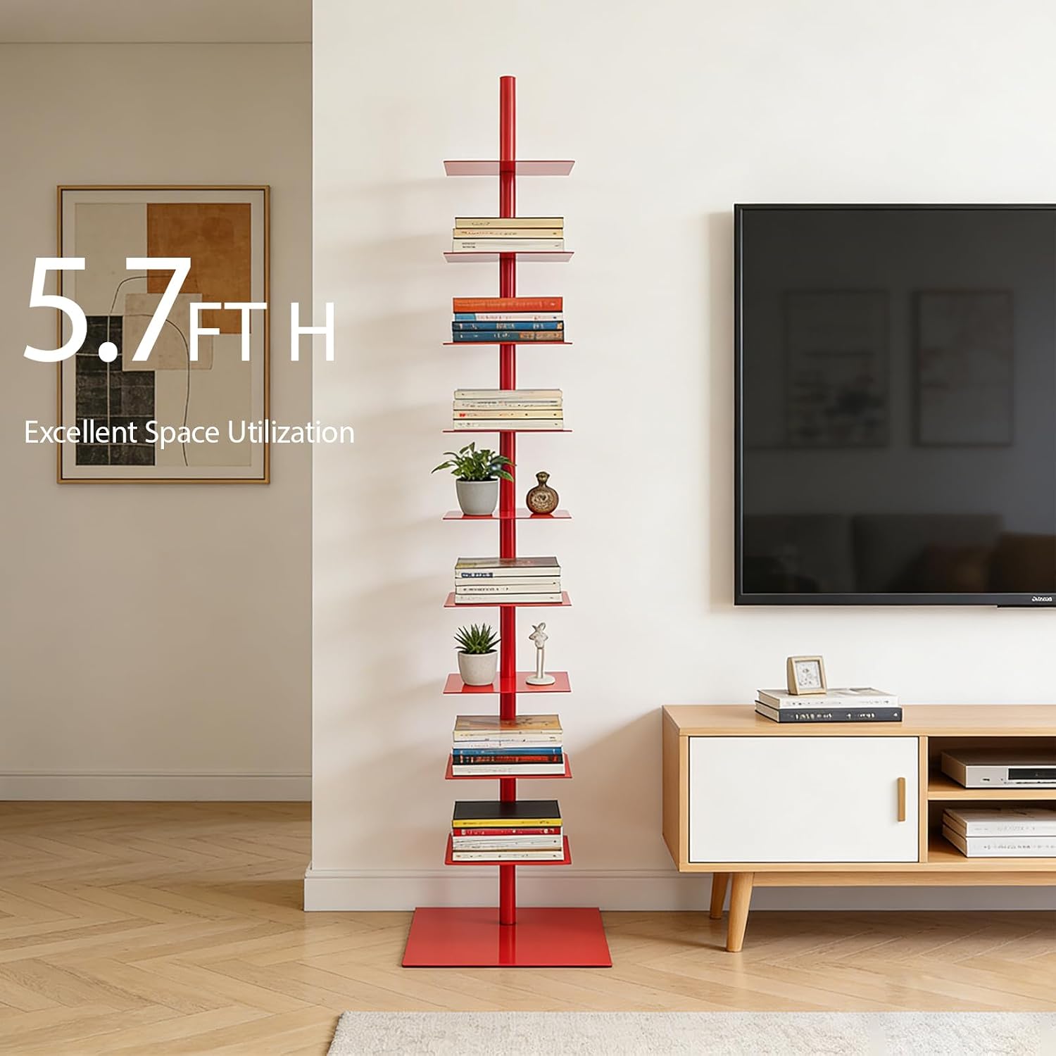 9 Tier Metal Spine Bookshelf Tower, Adjustable Vertical Tower for Books, Tall & Narrow Ladder Bookcase, Metal Vertical Bookshelf for Study Room,Living Room,Office,Bedroom (Red)
