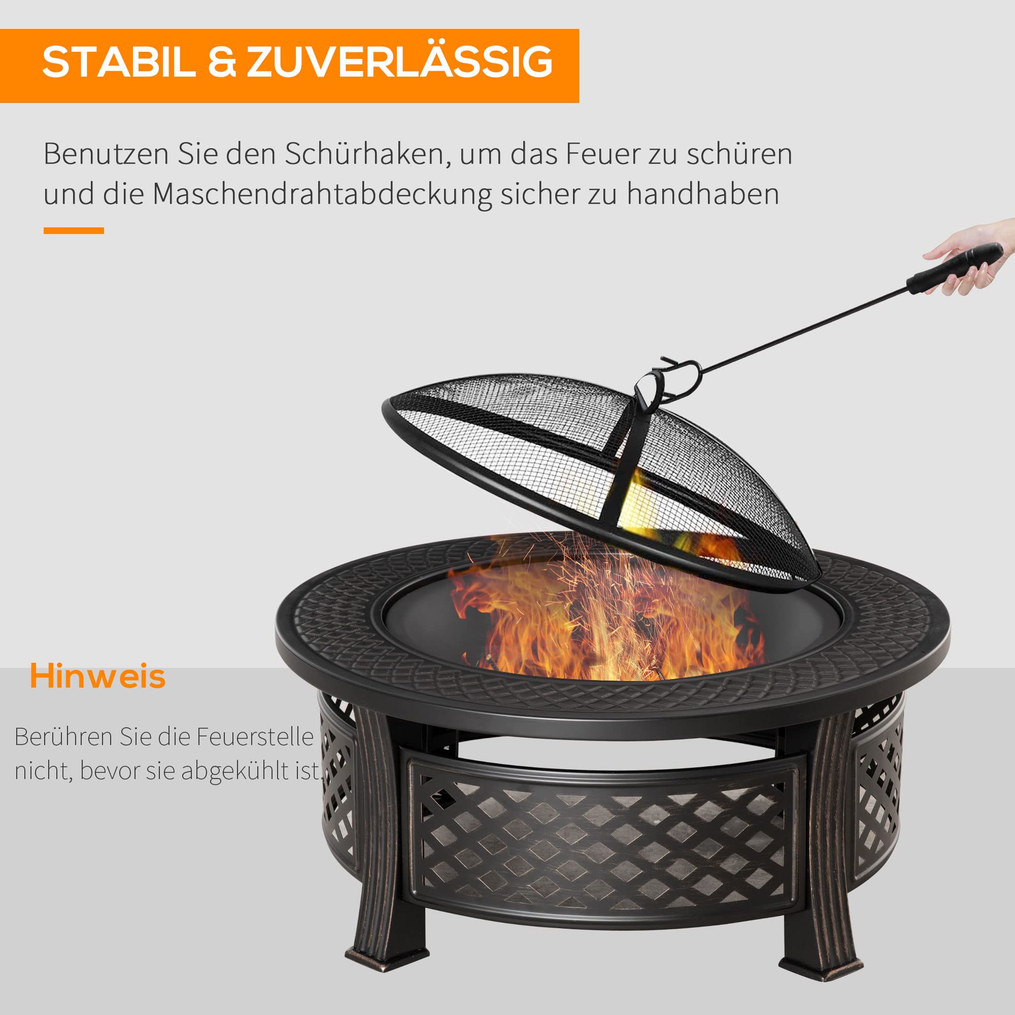 Outsunny Feuerschale mit Schürhaken Funkenschutz 81 x 81 x 50 cm Schwarz | Feuerkorb, Feuertisch, Runde Feuerstelle, für Garten Camping BBQ, Stahl