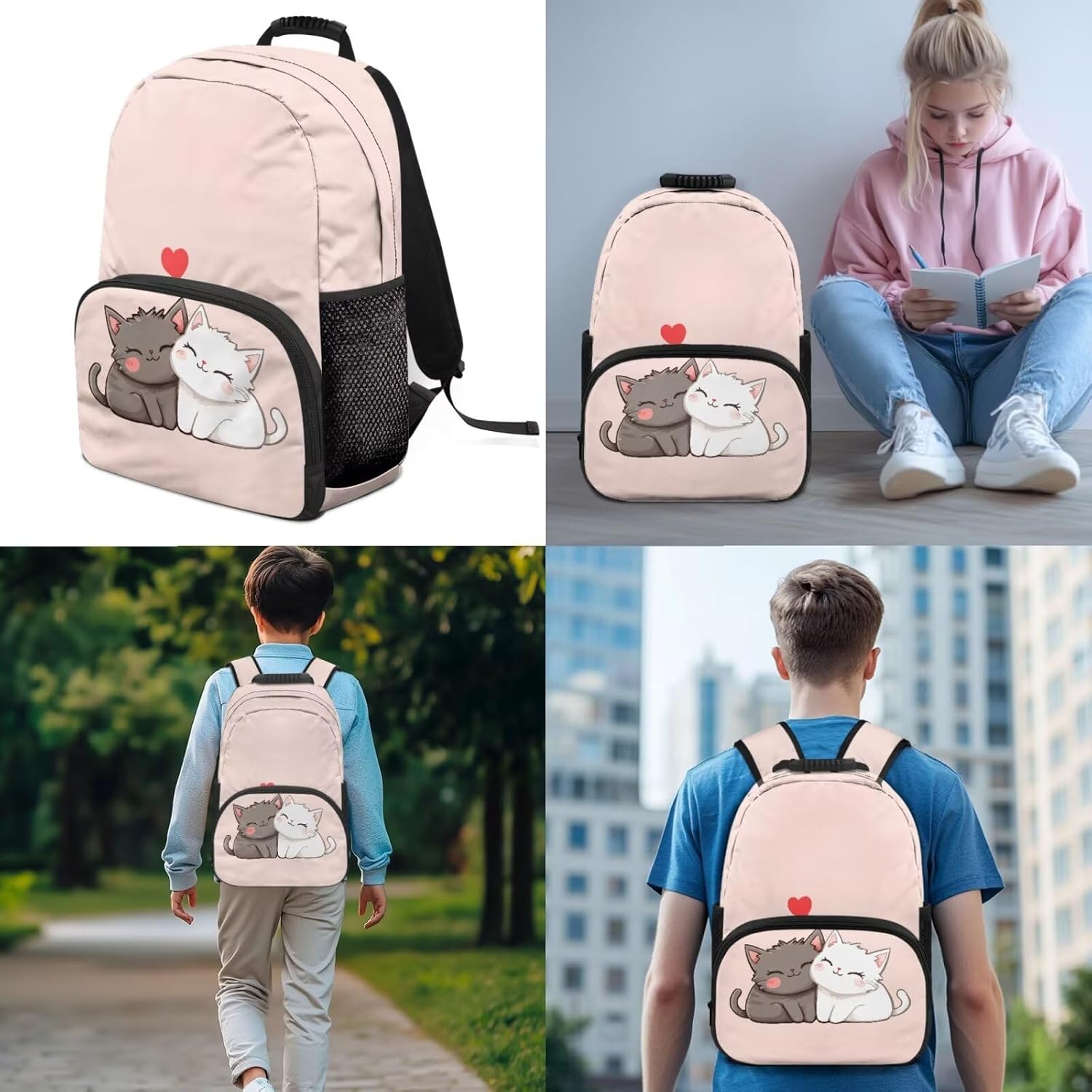 3Pcs Kid Backpack Set for Girls Cute Cartoon Cats Backpack with Lunch Bag Pencil Case 3 Pack Set Elementary School Bag Bookbag 17 Inch Daypack Pink
