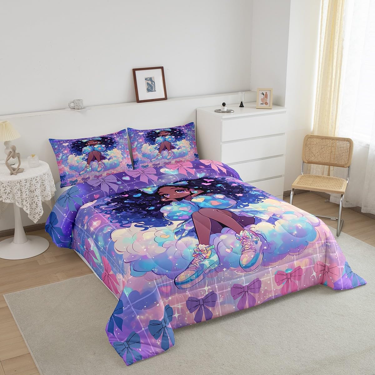 Cute Girl American Queen Bedding Set for Kids Adults,Watercolor Starry Sky Comforter Set Bed Set,Cute Bowknots Princess Style 3 Pieces Quilt Set,Romantic Purple Duvet Insert,2 Pillow Cases