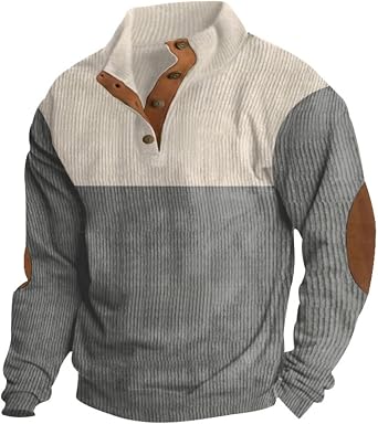 DMOYALA Color Block Henley Shirts for Men 1/4 Button Up Sweatshirts Long Sleeve Stand Collar Sweaters with Elbow Patches
