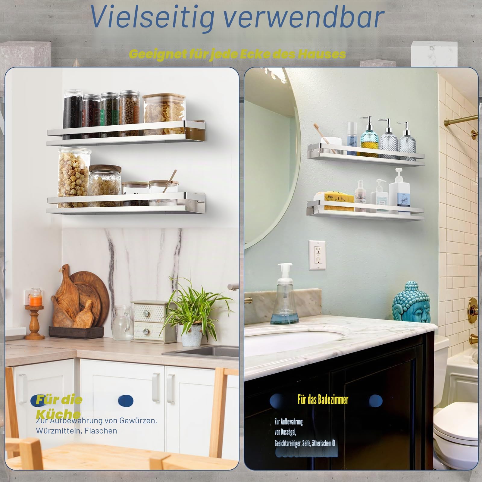 Lallisa 2 Stück Wandregale aus Edelstahl (Silber, 50 cm) – Duschregale für Bad und Dusche, schwimmendes Design zur Wandmontage, Aufbewahrungskorb-Organizer für Badezimmer, Küche und Wohnzimmer