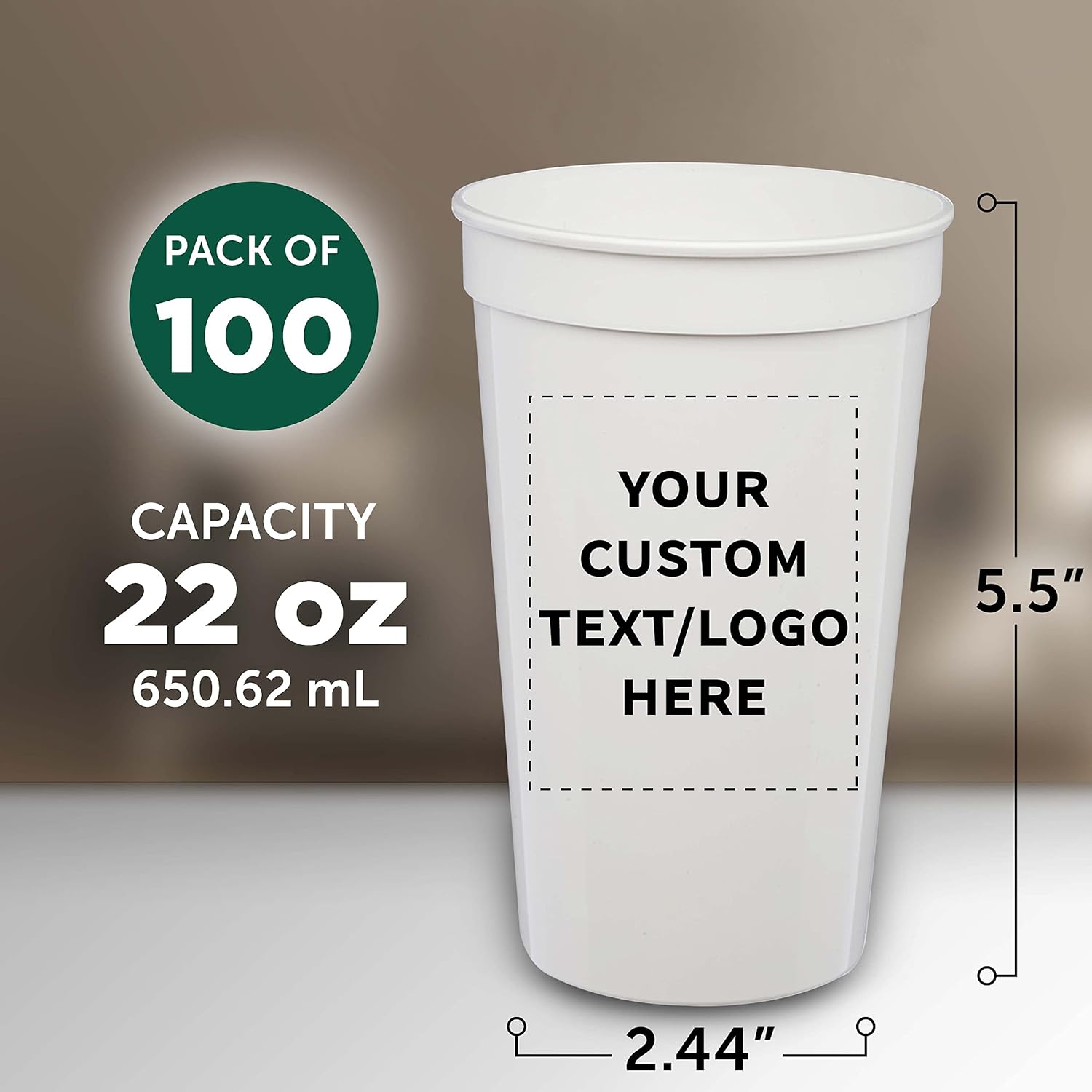 DISCOUNT PROMOS Custom Plastic Stadium Cups 22 oz. Set of 100, Personalized Bulk Pack - Perfect for Birthdays, Picnic, Beach, Parties - Translucent White