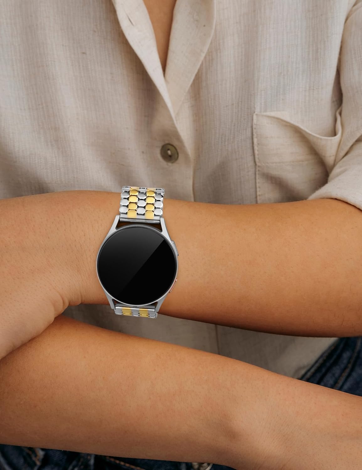 Minyee Compatible with Samsung Galaxy Watch 7 6 5 4 FE 40mm 44mm/Watch 6 Classic 43mm 47mm/Watch 5 Pro 45mm Bands for Women, 20mm Dressy Metal Gold Chain Honeycomb Luxury Chic Link Bracelet Strap