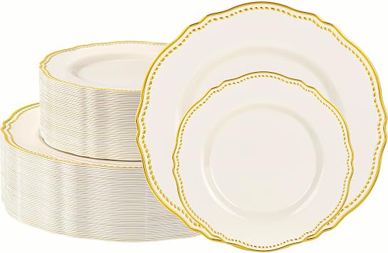 Hioasis 120PCS Ivory Plastic Plates - Ivory and Gold Disposable Dinnerware with Gold Rim, Heavy-duty, 7 and 10 inch,Plates for Party & Wedding