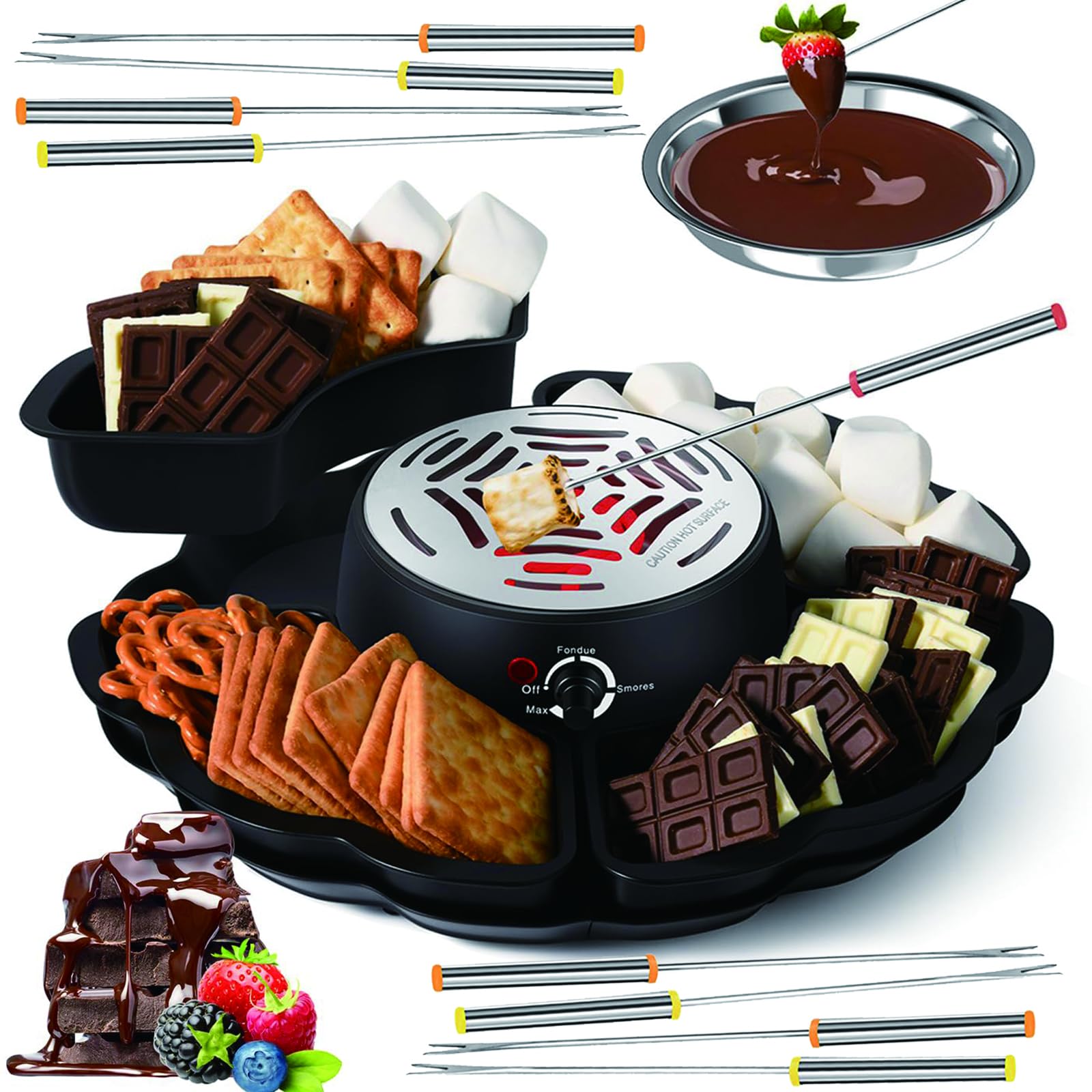 Set 2-en-1 S'Mores & Fondue de Chocolate – Tostador Eléctrico de Malvaviscos de 280W con Control de Temperatura & 14 Accesorios, Kit Indoor para S'Mores para Fiestas, Noches de Cine & Regalos