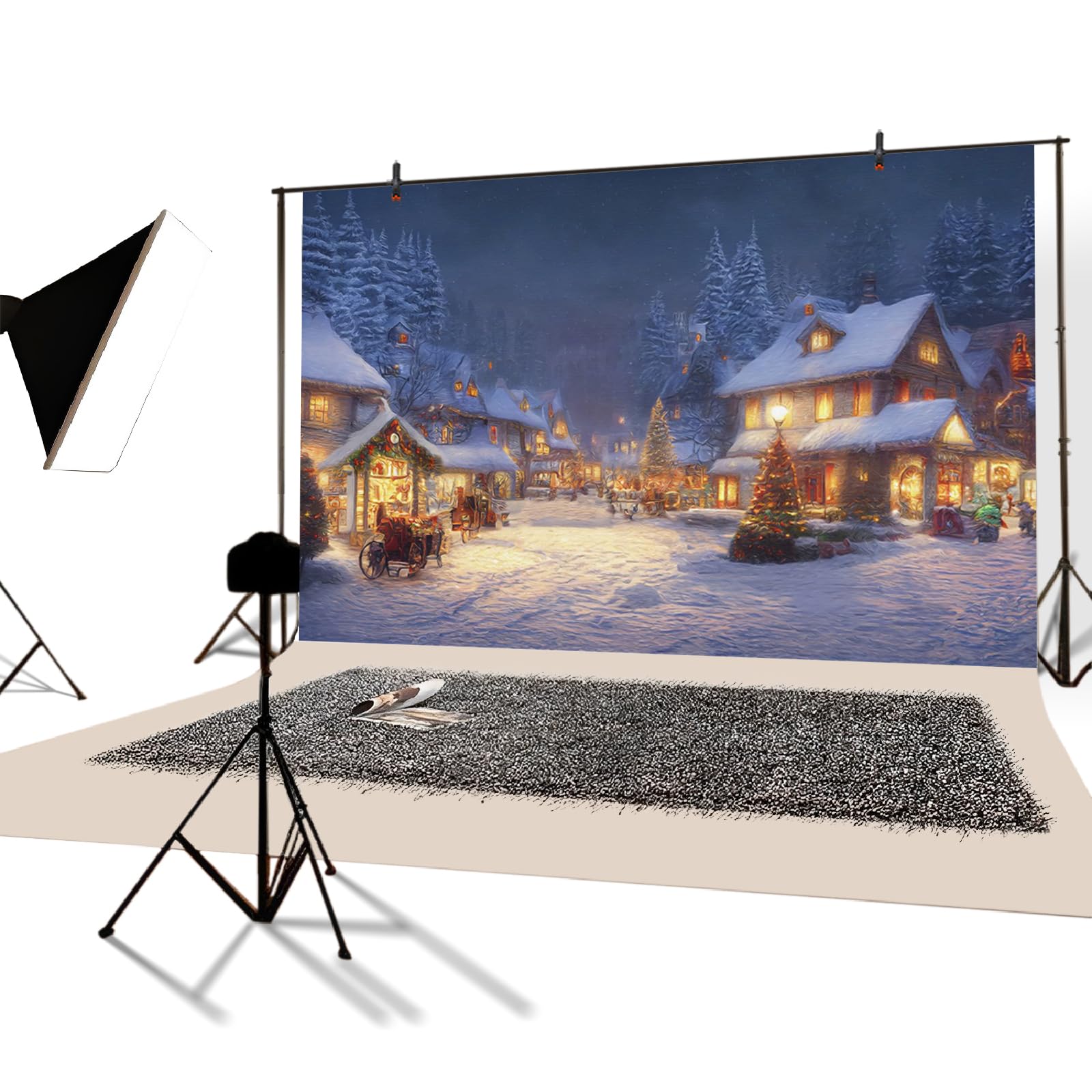 YongFoto 3x2,5m Sfondo Scena Bella Inverno Casa Villaggio Natale Alberi di Pino Campo Innevato Colorato per Festa della Vigilia Festival Famiglia Fotografia Forniture
