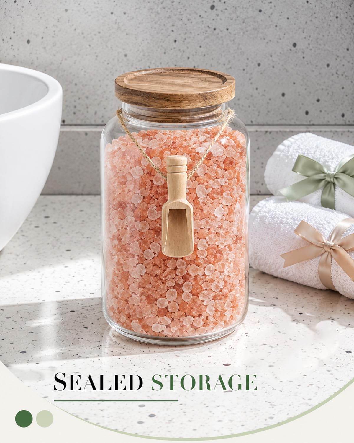 94 oz Large Bath Salt Container - Glass Bath Salt Jar with Airtight Wooden Lid and Scoop, Glass Storage Canister for Master Bathroom Decor & Organization, Bathtub Accessories for Women