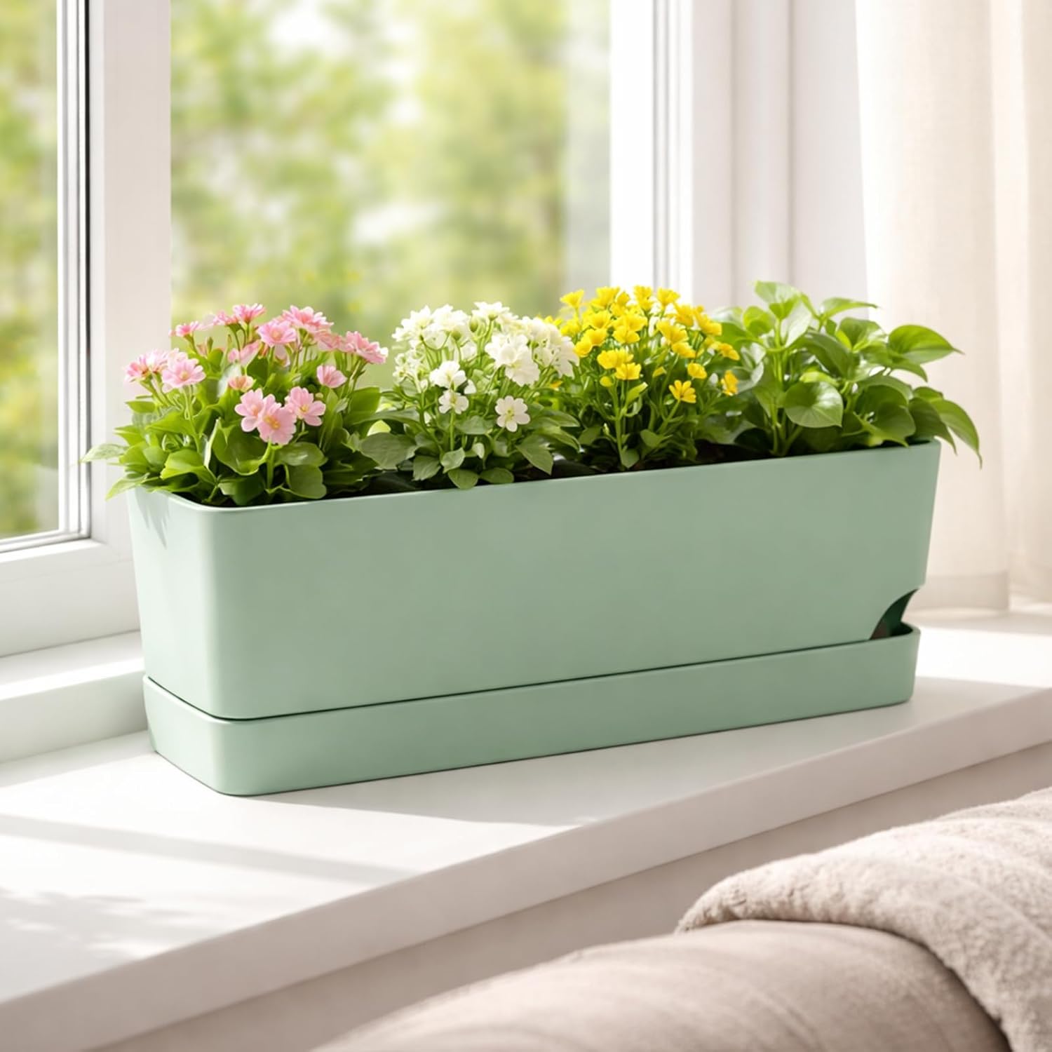 Party Zealot Window Boxes Planters, 3 Pack Self Watering Pots for Indoor Plants 17 Inch Rectangular Planter Rectangle Flower Pots Long Plant Pot Large Window Sill Herb Planter Box, Green