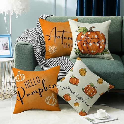 Miniatura 5 de Juego de 4 fundas de almohada de otoño de 18 x 18 pulgadas, diseño de calabaza de otoño, Acción de Gracias, fundas de almohada decorativas para