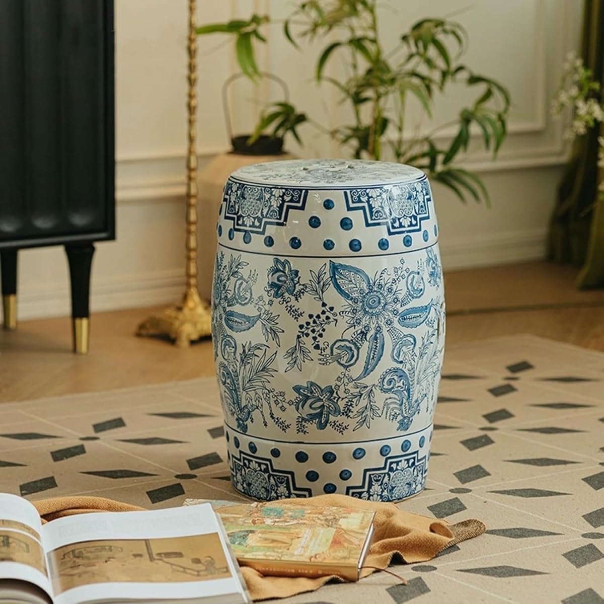 ELEFOCUS Blue and White Garden Stool,Decorative Garden stools,Outdoor Ceramic Side Table,Ceramic Shoe Changing Stool(Square)