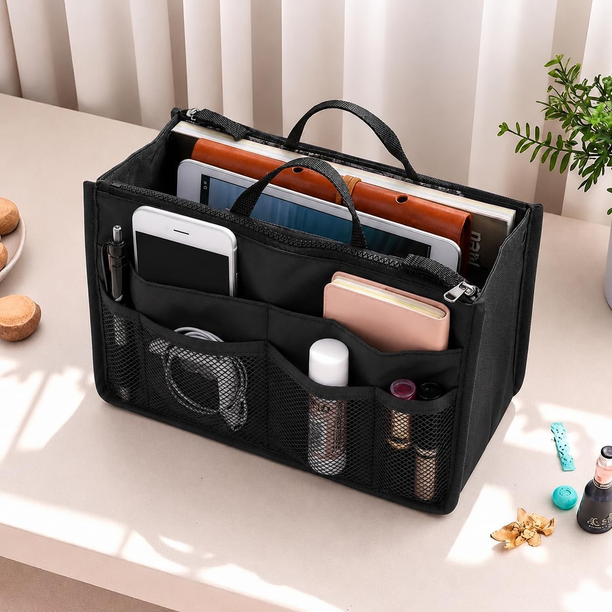 Bag Organizer Insert Large Capacity Foldable Storage Bag Multiple Pockets Travel Handbag Organizer (Black)