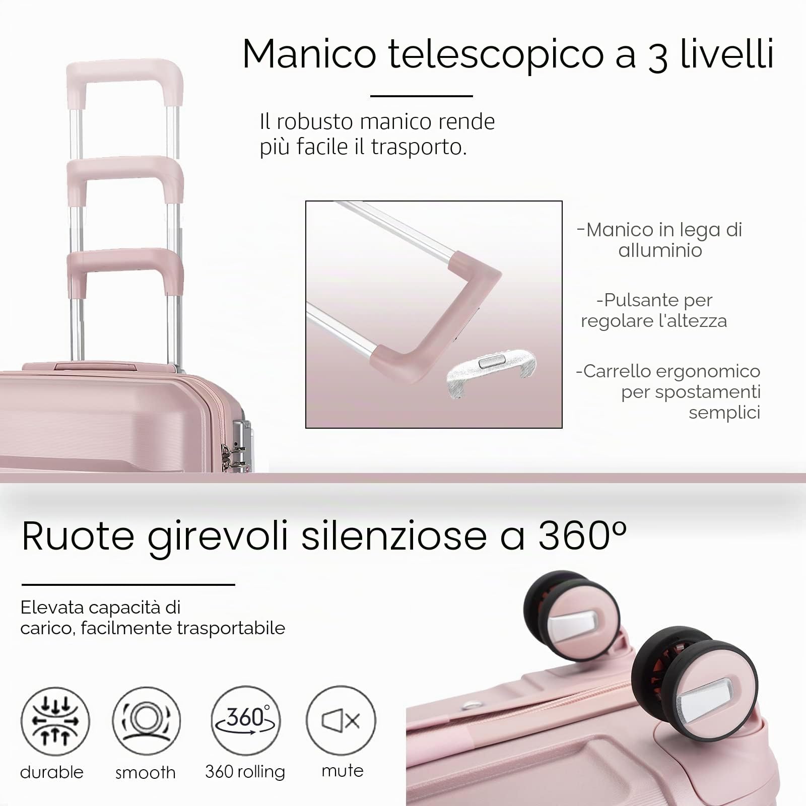 Sea choice Set di Valigie Rigide 4 Pezzi PP Espandibili Grande Trolleyset | Beauty Case,Ultra Leggera Set Trolley da Viaggio,Chiusura TSA,4 Doppie Ruote,100% Polipropilene,Piccola + Media + Grande