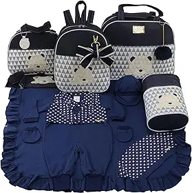 KIT BOLSA MATERNIDADE 5 PEÇAS URSO CHEVRON + SAIDA MATERNIDADE MENINO