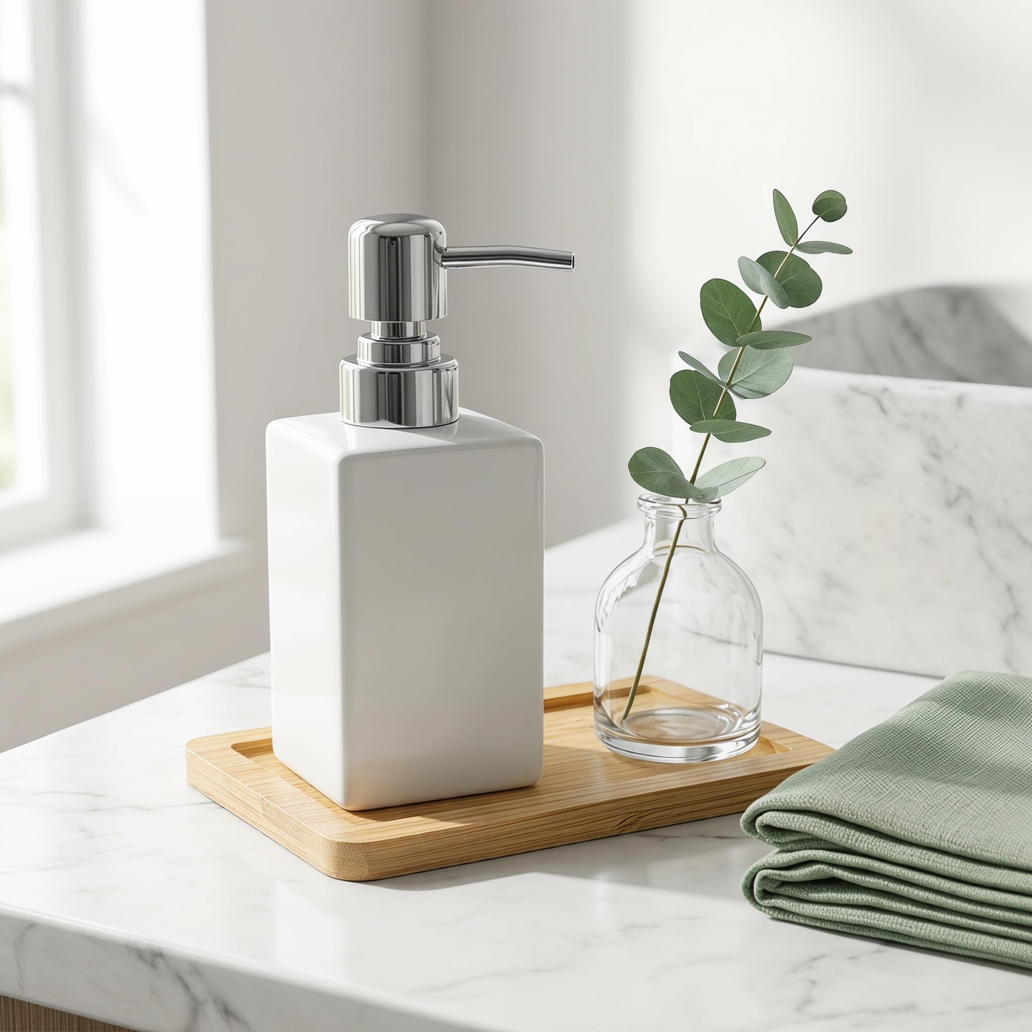 Moderno Dispenser di Sapone in Ceramica Bianca con Vassoio, Pompa per Lozione Quadrata da 325 Ml per Bagno E Cucina - Elegante E Funzionale Porta Sapone Liquido 3pcs