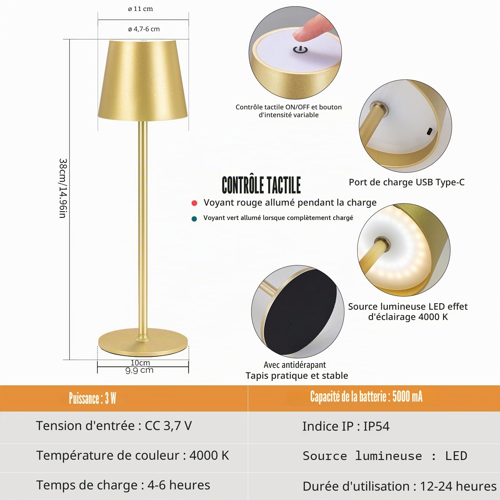 Lampes de table LED sans fil rechargeables 3000 K IP54 Aluminium USB-C Lot de 2 Or