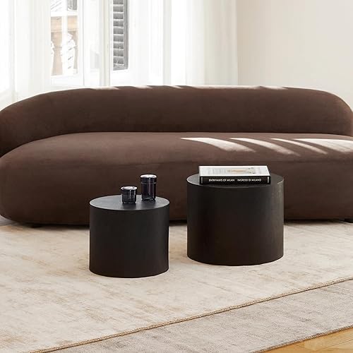 ANZEHOME Juego de 2 mesas auxiliares anidables, mesa auxiliar redonda de madera negra, mesa auxiliar moderna, muebles decorativos circulares para