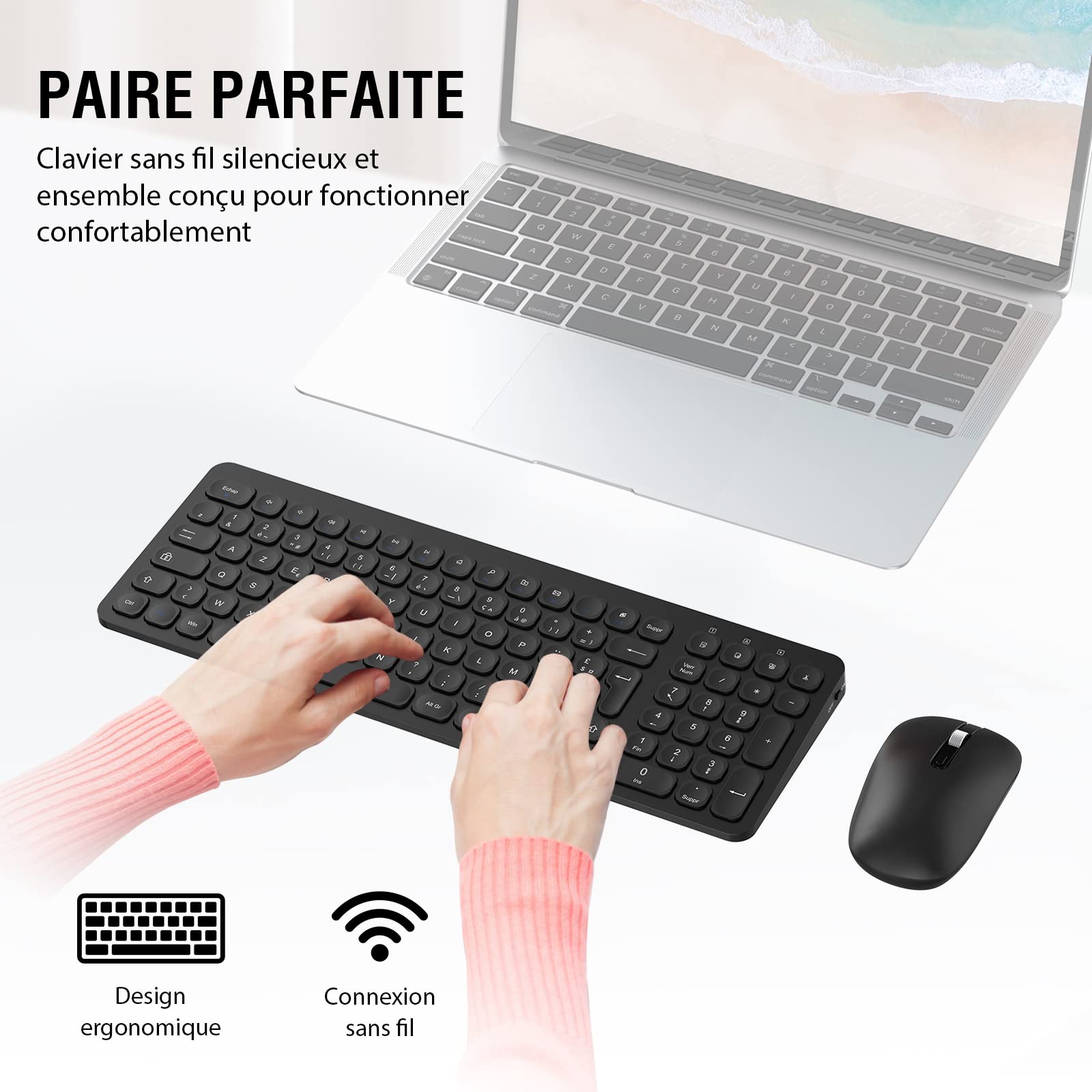 Ensemble Clavier et Souris sans Fil, PINKCAT Claiver AZERTY Français, Pack Clavier et Souris, Set Silencieux avec Récepteur Nano USB 2.4GHz, Compatible avec Windows/MacOS, Windows PC Laptop - Noir