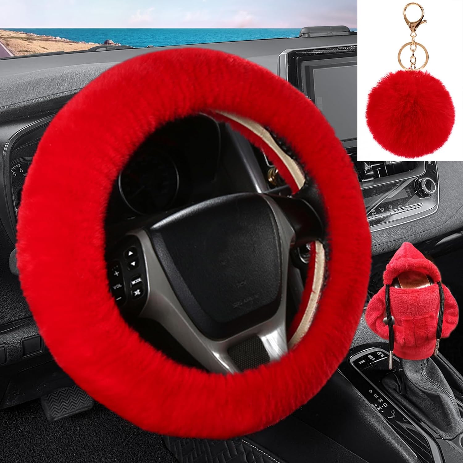 WenMei 3 Pcs Fluffy Steering Wheel Cover Set, Shift Knob Funny Sweater Hoodie with Fuzzy Keychain, Furry Car Accessories Set for Women's Car Interior Decor (Red)