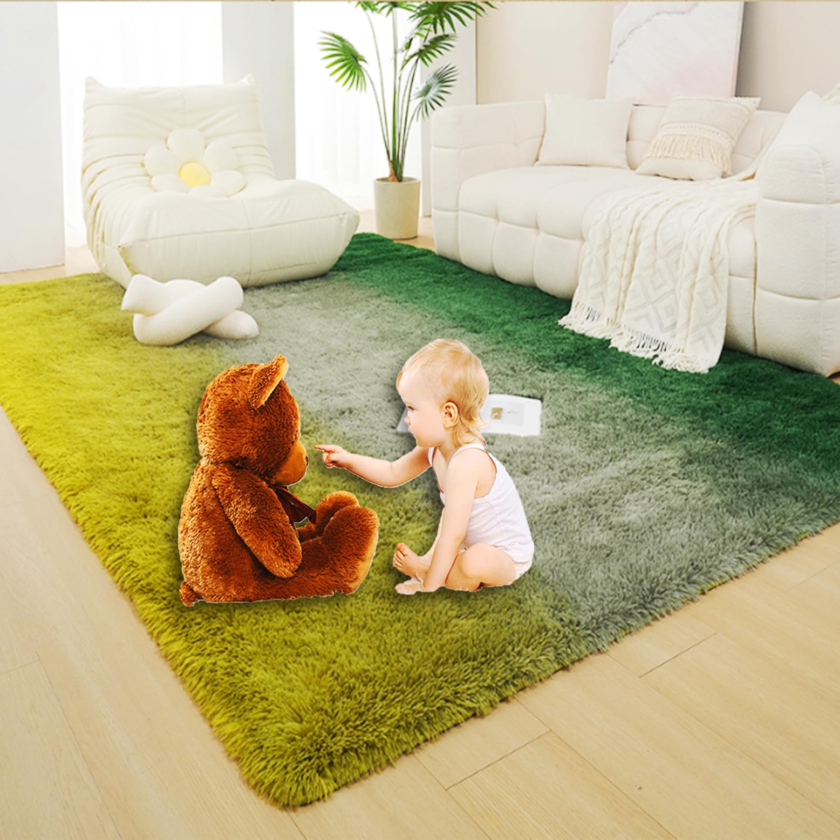 Teppich Waschbar in Waschmaschine 120 x 180 cm, Anti-Rutsch Unterseite, Waschbar Bis 30 Grad, Super Soft, Felloptik, Einfache Reinigung, Wohnzimmer Teppich Hochflor, Grün