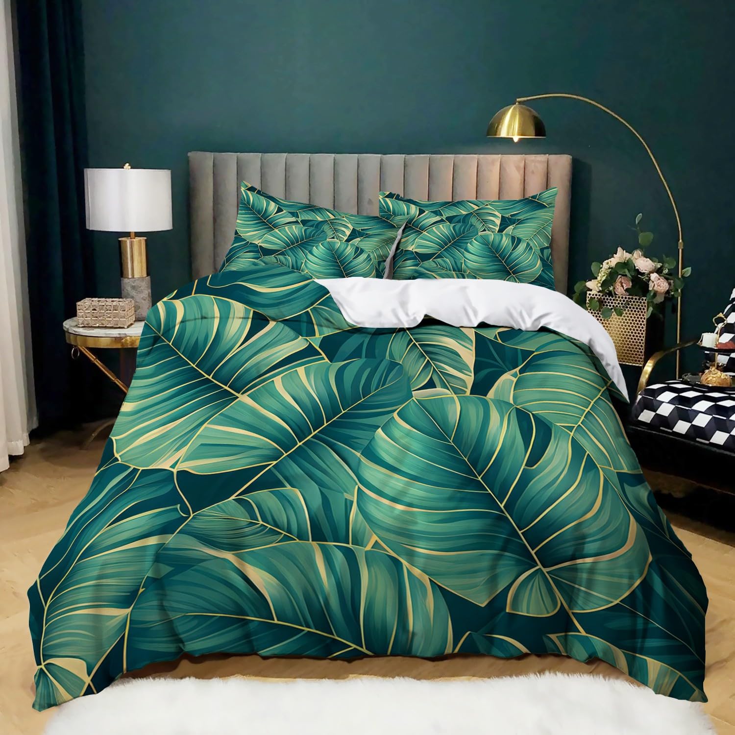 Bettwäsche 155x220 cm Nordic Lässt Grün, Bettbezug 3teilig Weiche Allergiker Microfaser Bettwäsche-Sets, Deckenbezug mit Reißverschluss und 2 Kissenbezüge 80x80cm