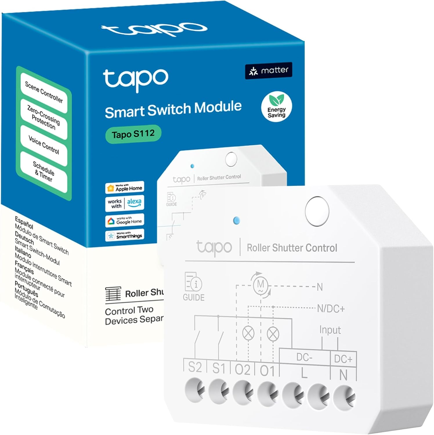 Tapo S112 – Smart Switch WiFi y Bluetooth 2 Canales, Compatible con Matter, Alexa y Google, Modo Luz/Persiana, App Tapo, Control Remoto, Sin Hub, Protección Cero Cruz