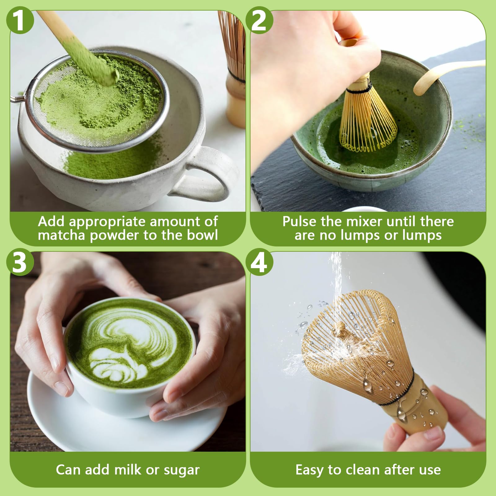 4 StüCk Matcha Besen Matcha Set Macha Tea Set, Whisk ZubehöR, Bambusbesen, LöFfel, Keramik Matcha Besen Halter Japanisches Handgefertigtes Geschenkset (Grün)