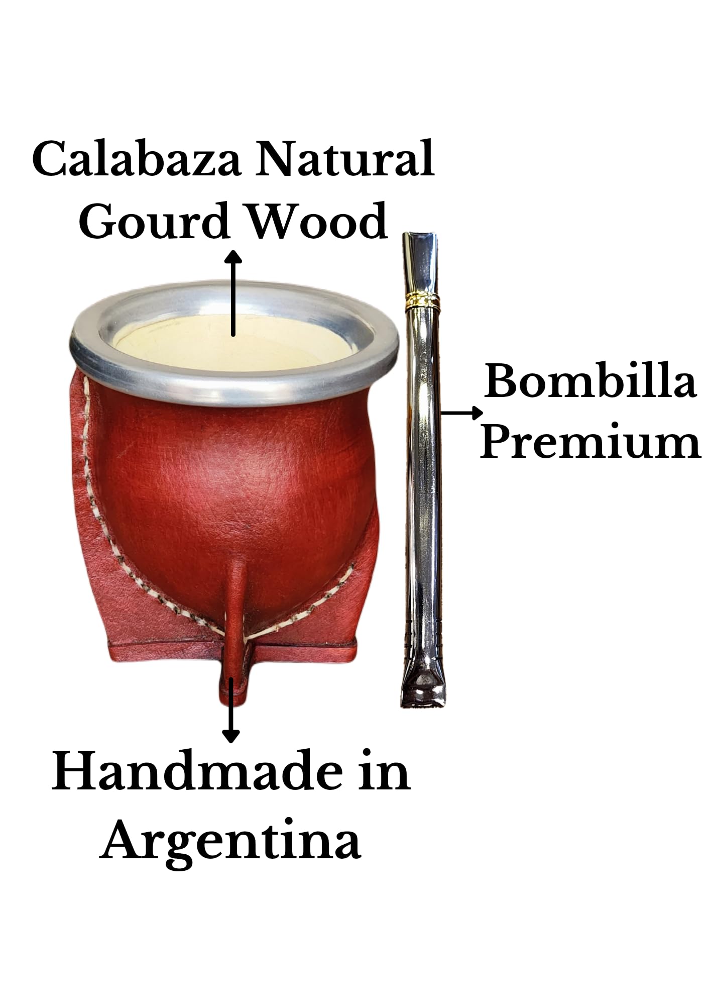 Tasse mate argentine premium avec intérieur en bois de citrouille naturel et extérieur en cuir marron avec acier inoxydable - Comprend une ampoule pour Yerba Mate.
