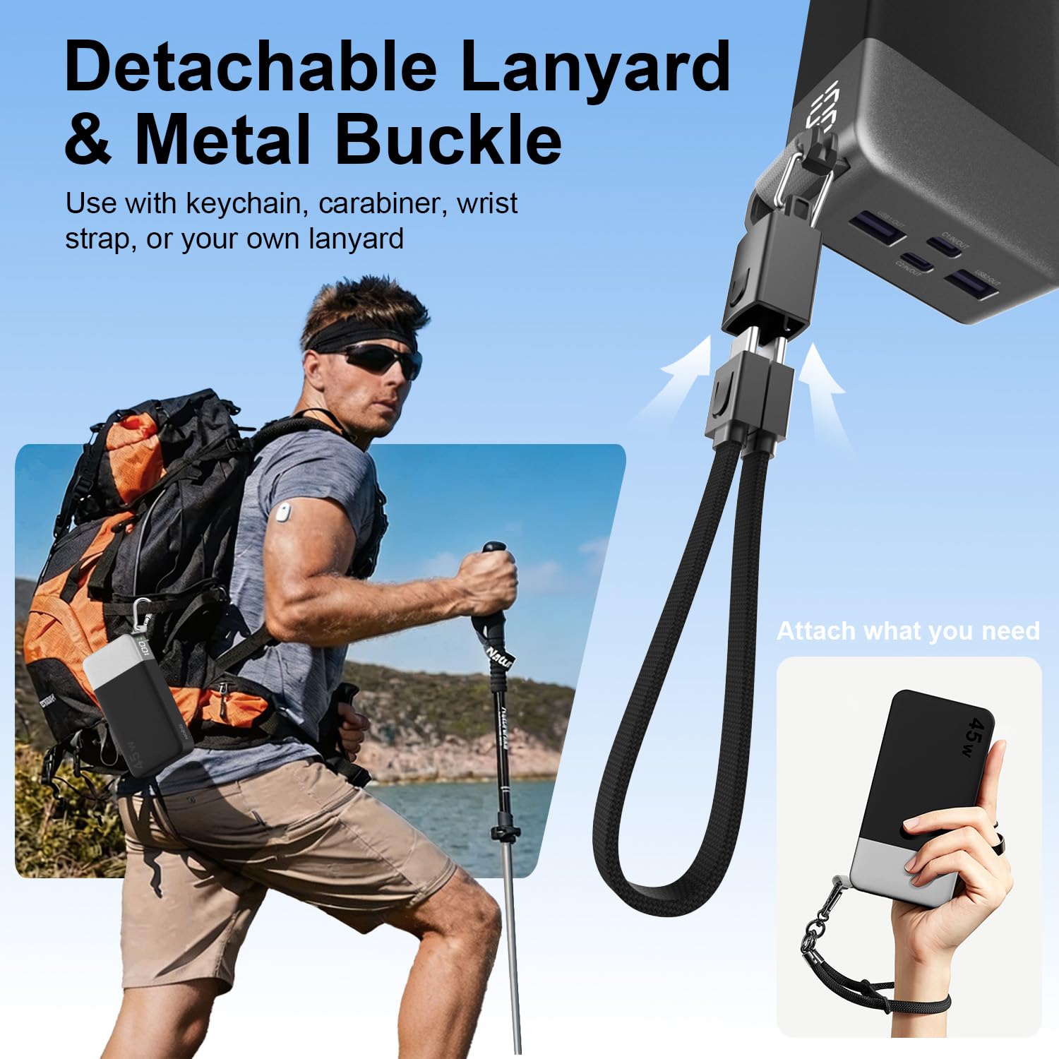 NOBIS 20000mAh Powerbank Mit 45W Power Bank | Akkupack mit abnehmbarem Kabel, Schnellladefunktion mit Digitalanzeige für iPhone, Android, Laptops usw.