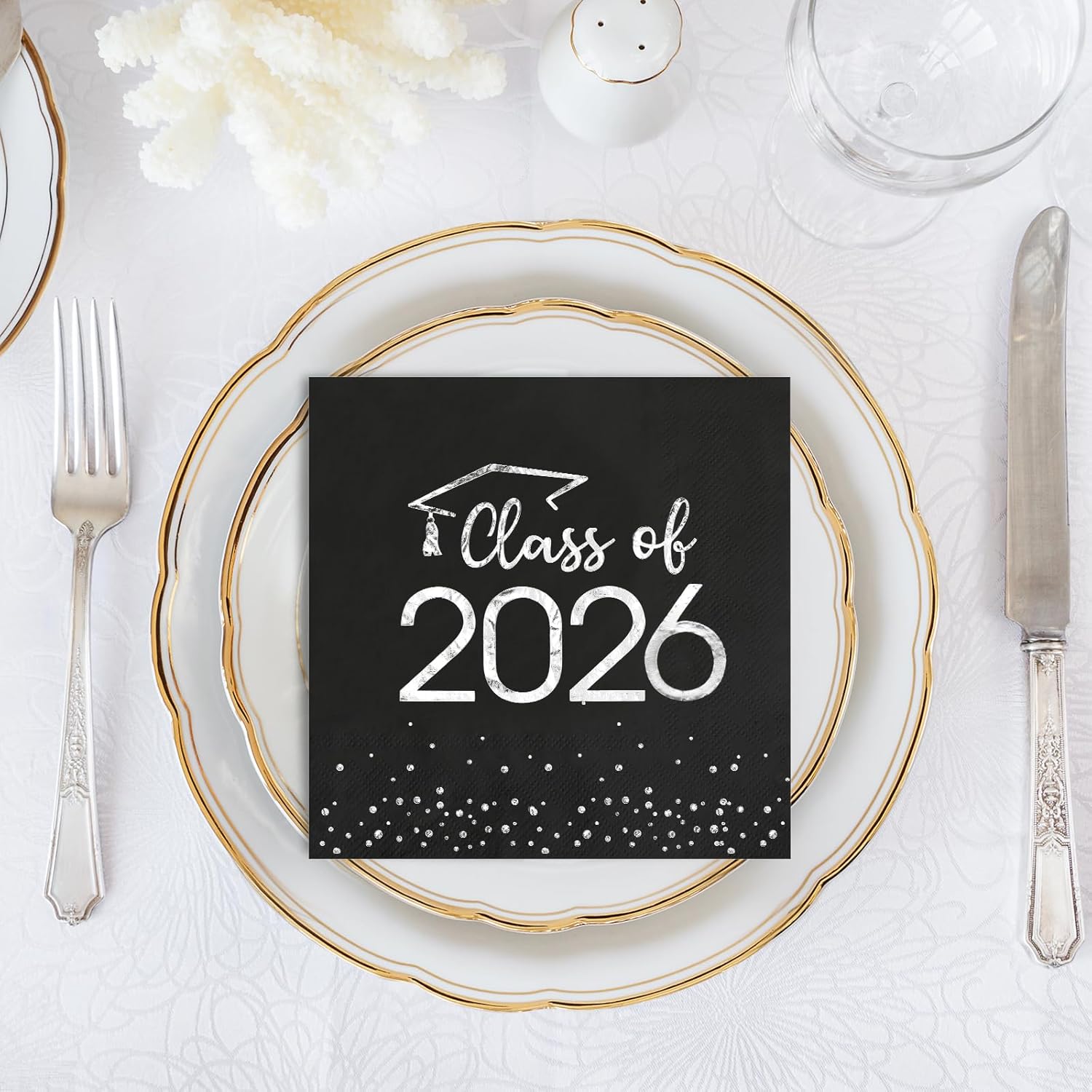 200Pcs Class of 2026 Graduation Napkins, Disposable Congrats Grad Paper Cocktail Napkins Square Foil Dot Hand Towels for 2026 High School University College Graduation Party Decorations (Black Silver)