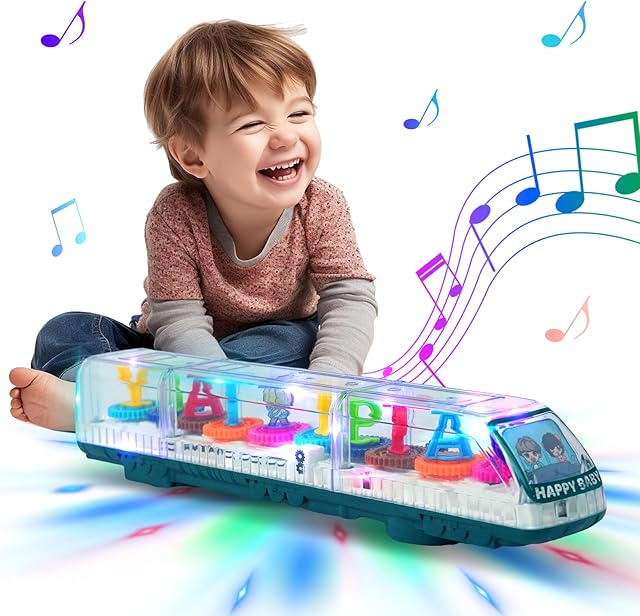 Transparent Gear Toy High-Speed Rail Light Up Music Electric Toy 360° Rotating Mechanical Gear Walking Toy for Kids Educational Cartoon Toy with Flashing Light Sound Music Gift for Childrens (Rail)