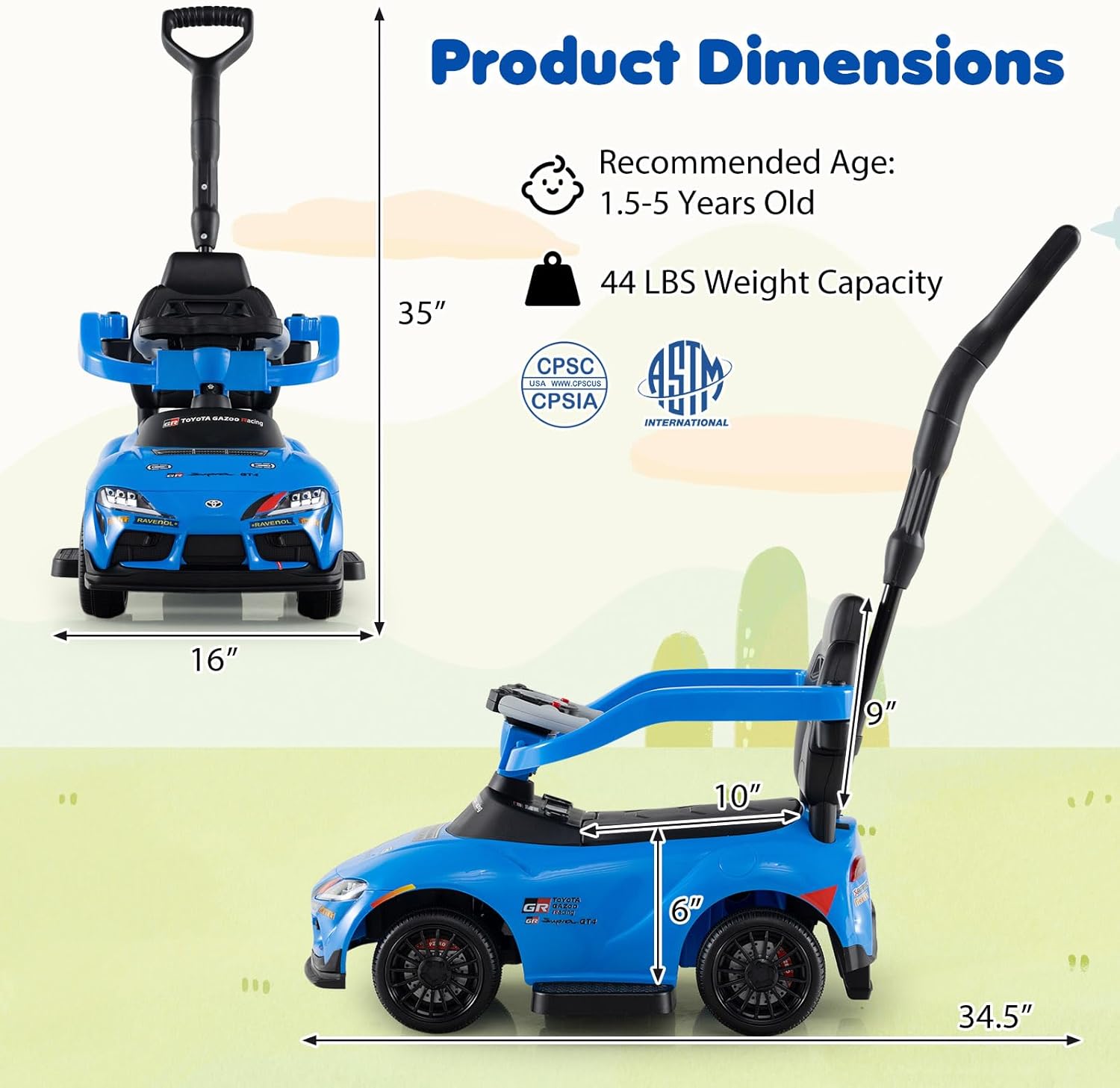 Costzon Push Car for Toddlers, 3 in 1 Toyota Licensed Stroller Sliding Walking Car w/Handle, Music, Safety Guardrail, Under-Seat Storage, Foot-to-Floor Kids Ride On Toys for Boys Girls (Blue)