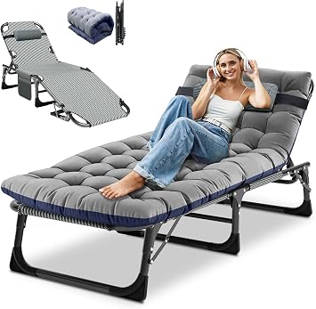 Folding Camping Bed, 200KG Capacity Sun Loungers with Cushion Pockets | Adjustable Backrest, Easy to Assemble, Camp Beds for Adults, Guest Bed for Garden Pool Beach Office Sunbathing