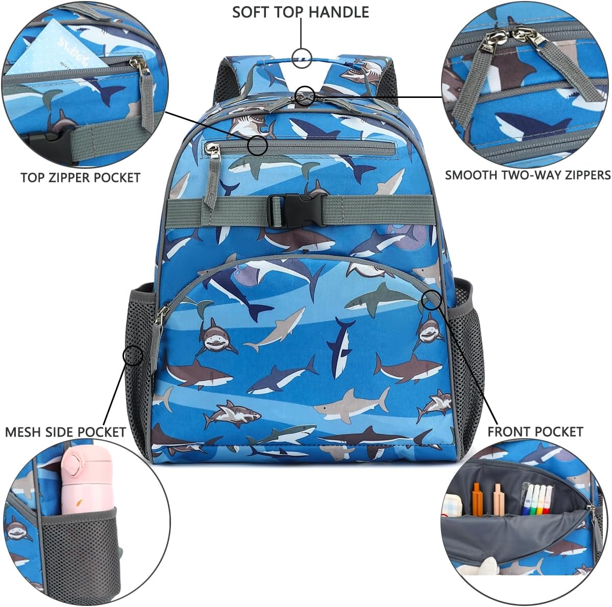 FlowFly Kids Backpack for Toddler Boys Girls, Simple Lightweight Bookbag for Daycare Kindergarten Elementary School Travel, Small Modern Bag (Medium 15''), Shark - Image 4