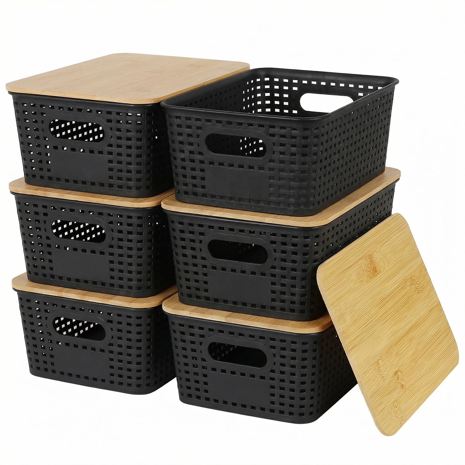 Nymblis 6Pcs Storage Box with Lid, Plastic Stackable Storage Baskets with Bamboo Lids, Plastic Storage Bins Containers for Kitchen Bathroom Cabinets Organization, Black — image 1