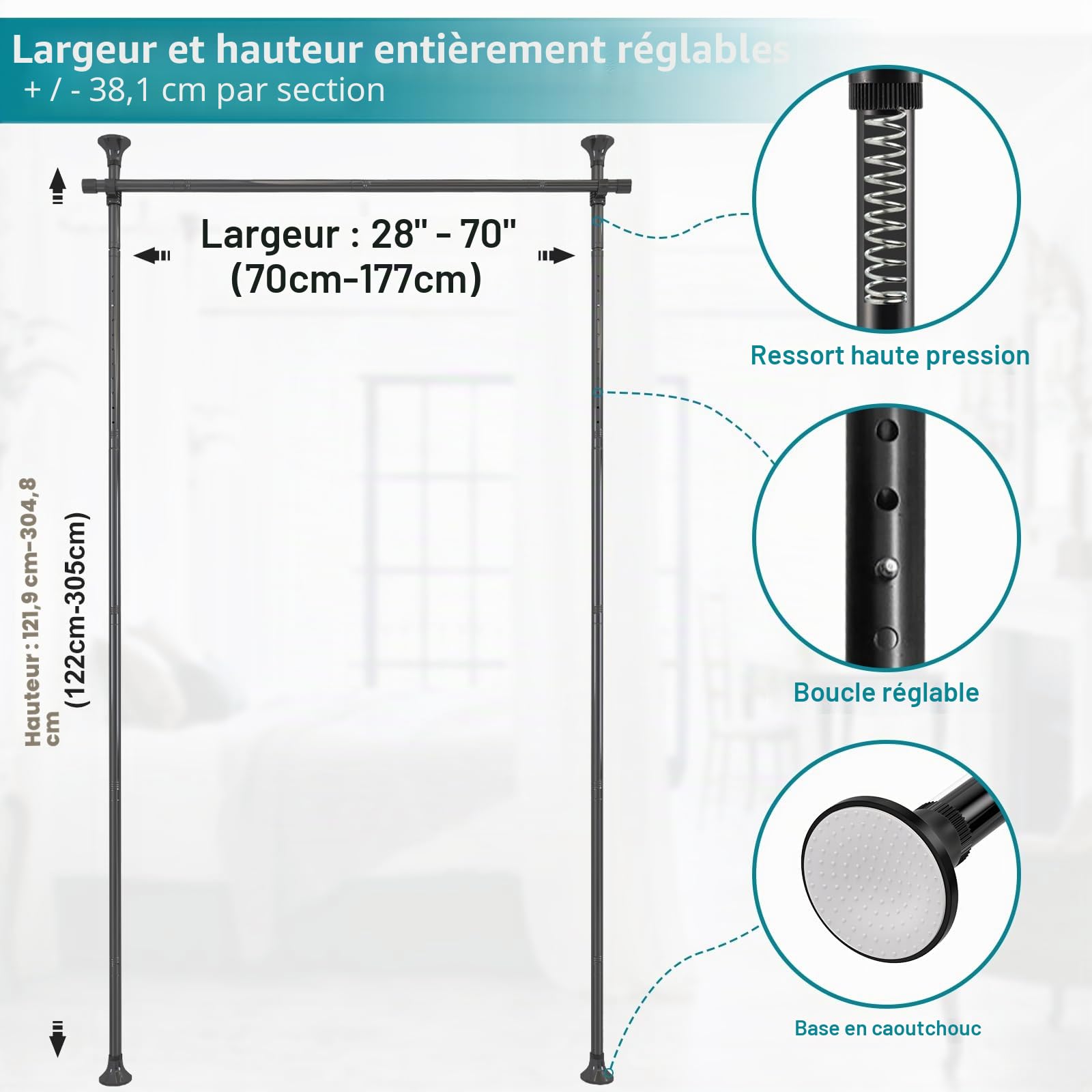 DEROFIT Séparateur de pièce, tringle à rideaux sans perçage autoportante réglable et robuste pour diviser les rideaux suspendus, 71,1 à 177,8 cm (l) 1,2 à 3 m (H)