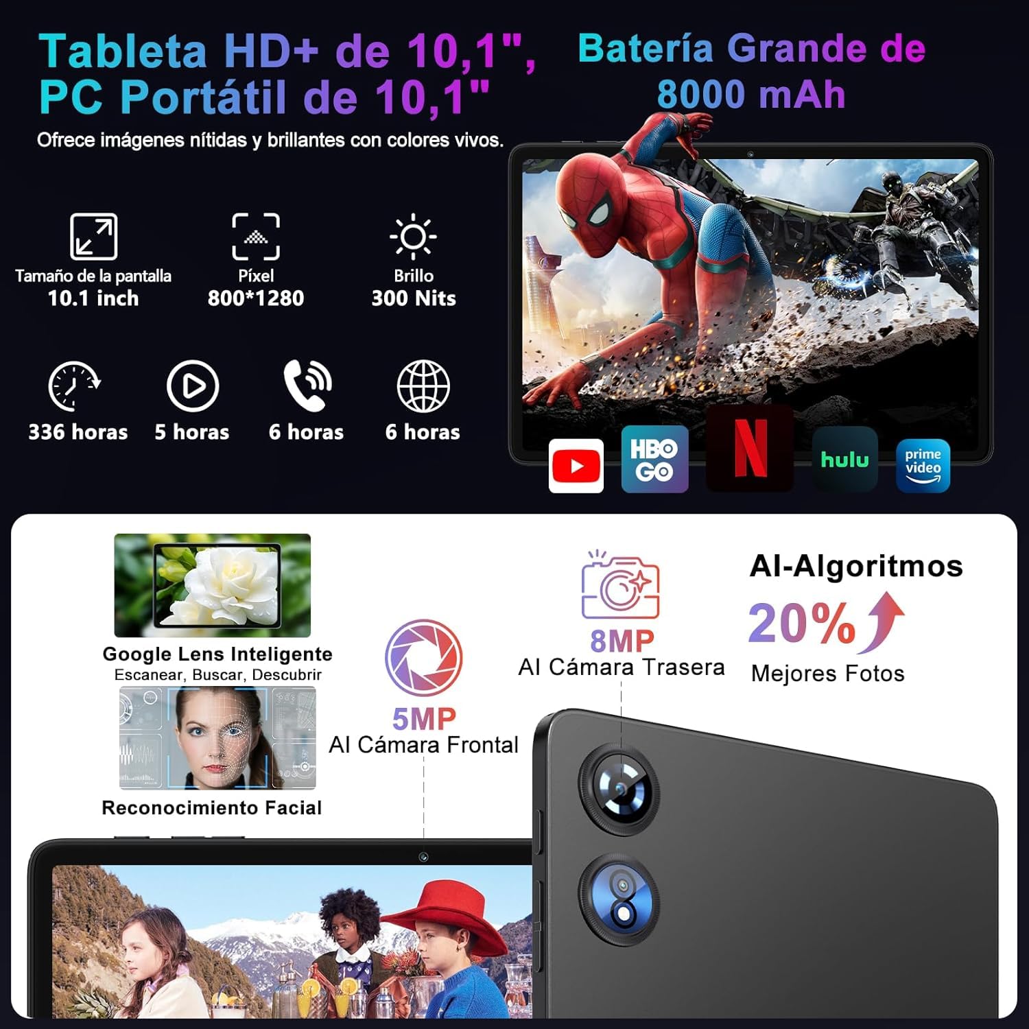 Tablet Android 15 Gemini AI, 128GB ROM+2TB TF, 30 RAM, 10 Pulgadas Tableta táctil con Teclado y ratón, 1280 * 800 IPS HD, Widevine L1, 2.4G/5G WiFi, Octa-Core, 5MP+8MP, BT 5.0, 8000mAh, Metálica Negro — view 7