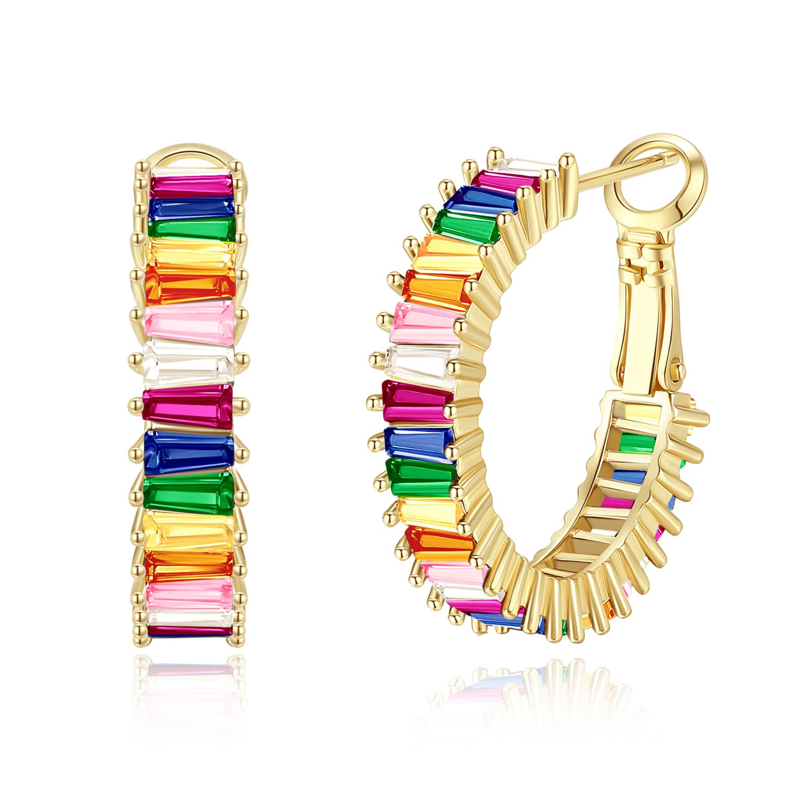 Trendy 14K Gold Plated Hoop Earrings for Women, Chunky Gold/Silver Earrings for Women Cubic Zirconia Baguette Hoop Earrings Heart Hoops Lightweight Hypoallergenic Jewelry,25mm/35mm/40mm/50mm