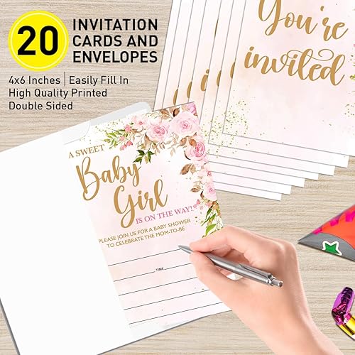 Miniatura 7 de UDNADKEX Invitaciones de baby shower para niña elefante rosa con sobres, invitaciones para baby showers, fiesta floral, tarjetas de invitación de