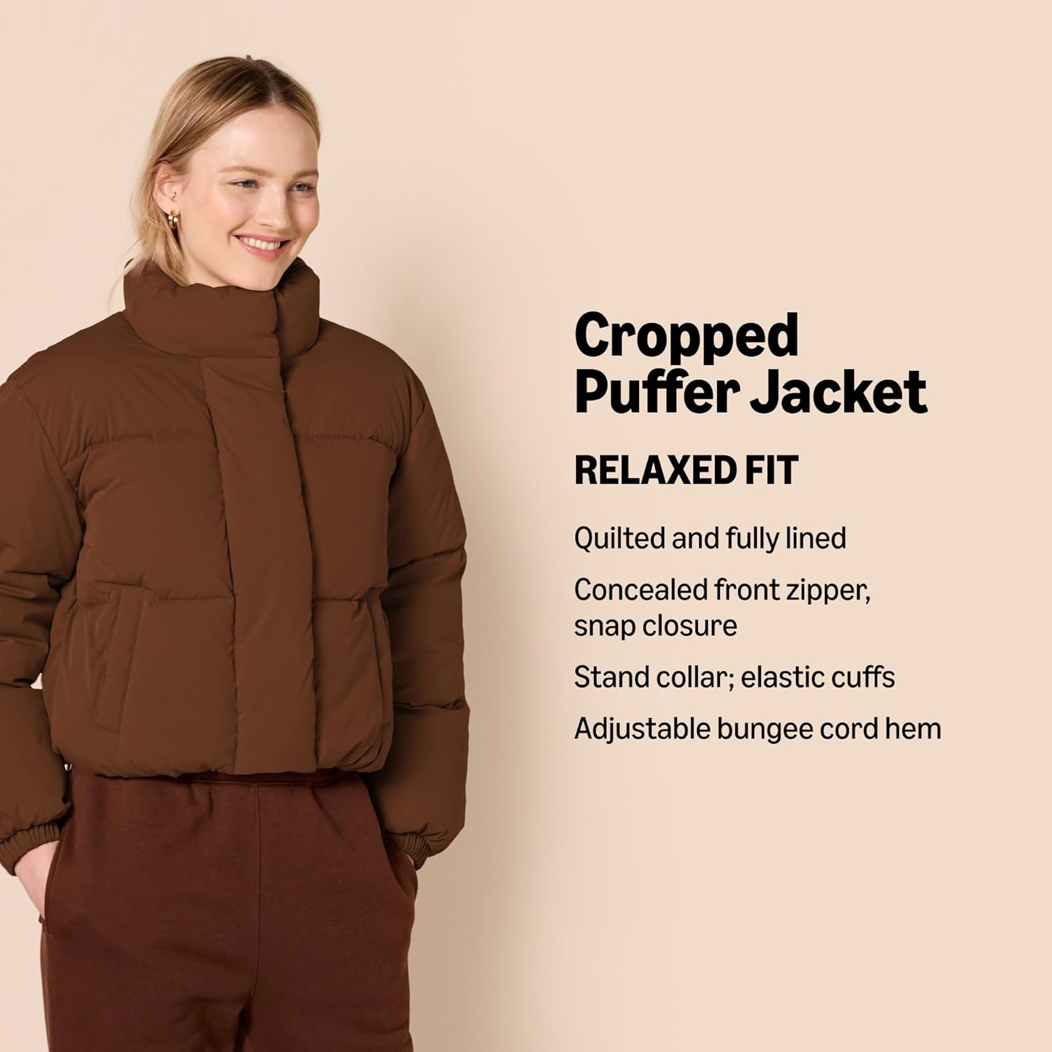 Amazon Essentials Women's Cropped Full-Zip Puffer Jacket, Winter Warm, Stand Collar