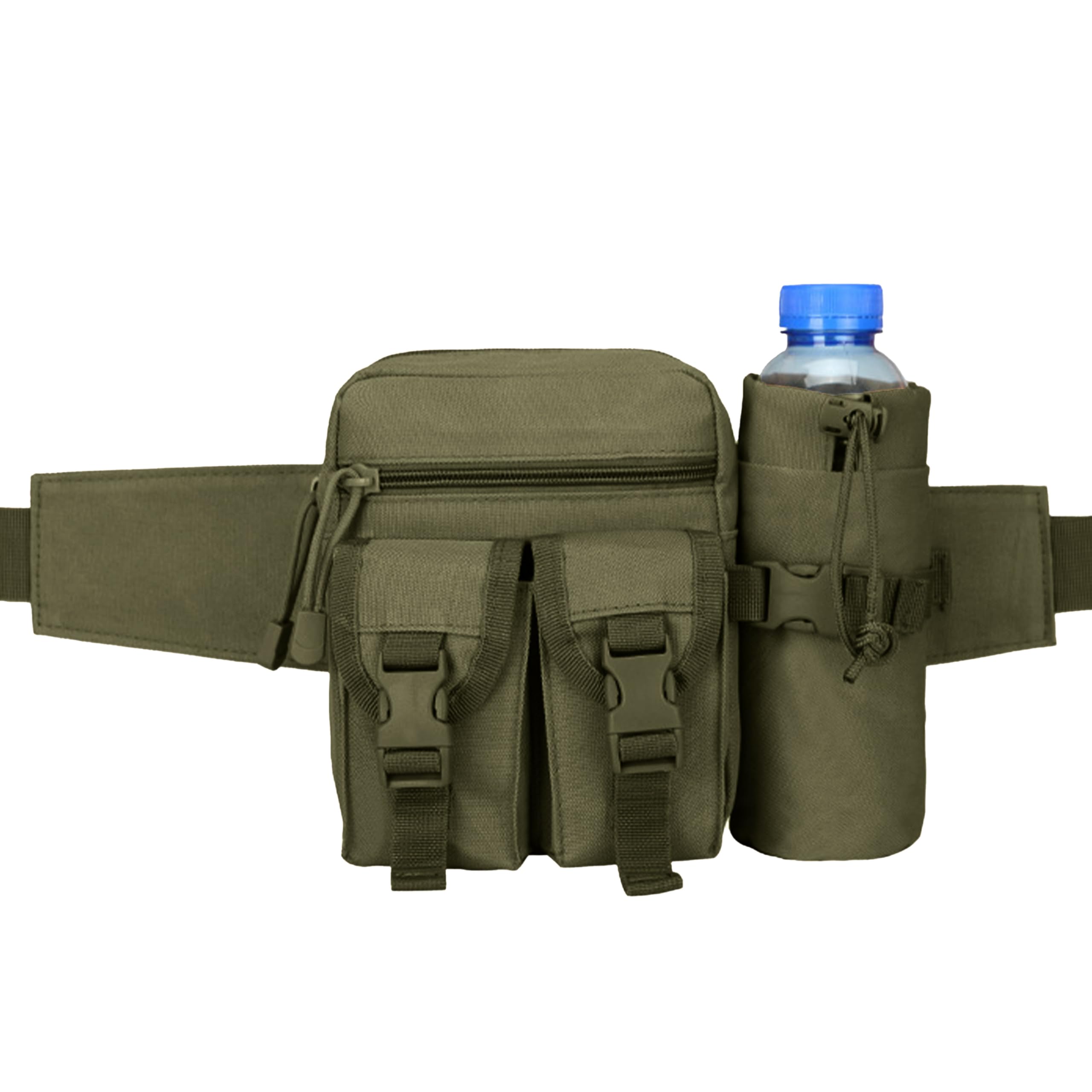 Kraptick Tactical Waist Bag with Bottle Holder | Waterproof Military Waist Pouch | Adjustable Outdoor Belt Bag for Hiking, Trekking, Camping & Travel | Multipurpose Heavy-Duty Waist Pack (Army Green)