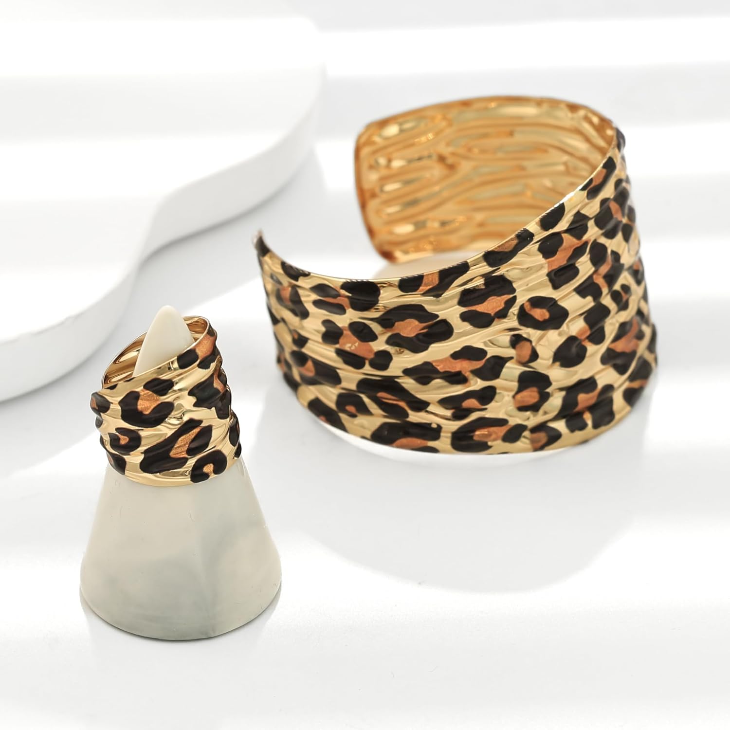 Chunky Leopard Print Bracelet Ring Set for Women Ladies Gold-Tone Plated Wide Open Wrap Cuff Bangle Adjustable Finger Band Exaggerated Boho Statement Unique Jewelry Fashion Party Accessories - Image 4