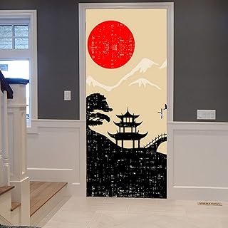 A.Monamour Sticker Porte Autocollant Poster de Porte 3D Japon Paysage Rouge Soleil Montagne Silhouette Vinyle Affiche de Porte Sticker Mural Papier Peint Art Décor 90 x 200 cm