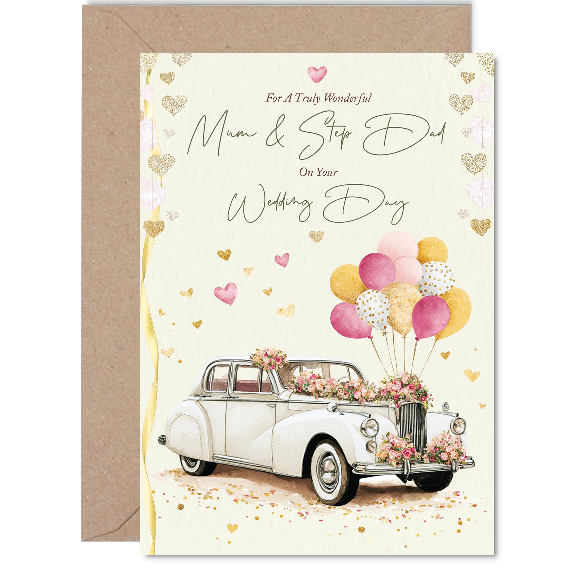 Mum & Step Dad Wedding Card - Vintage Car - Happy Wedding Card from Son Daughter, 5x7 Inch Marriage Congrats Well Done Greeting Cards